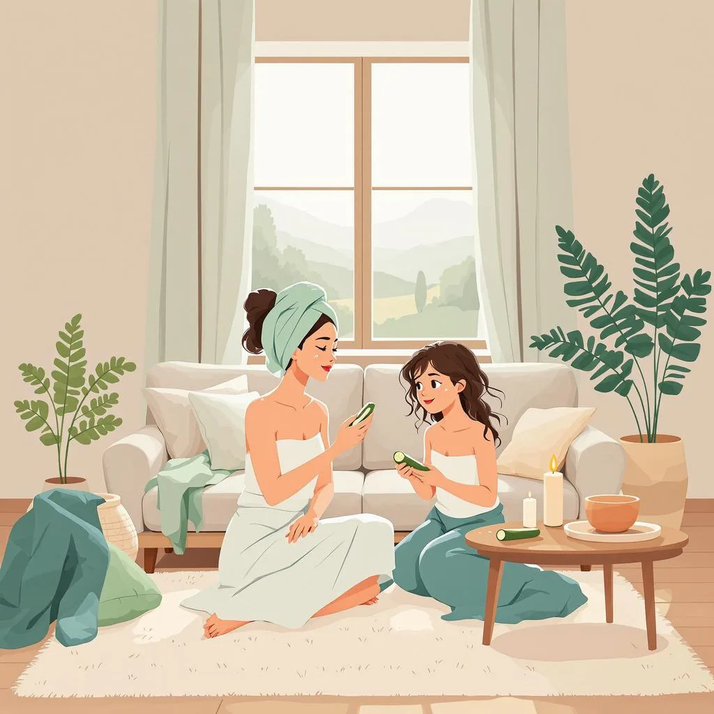 Un'immagine di una mamma e una figlia che si godono un momento di bellezza insieme. La mamma sta insegnavando alla figlia come applicare il trucco in modo appropriato, entrambe sono sedute davanti a uno specchio con vari prodotti per la bellezza sparsi sul tavolo. Il loro viso riflette un'espressione di felicità e complicità.