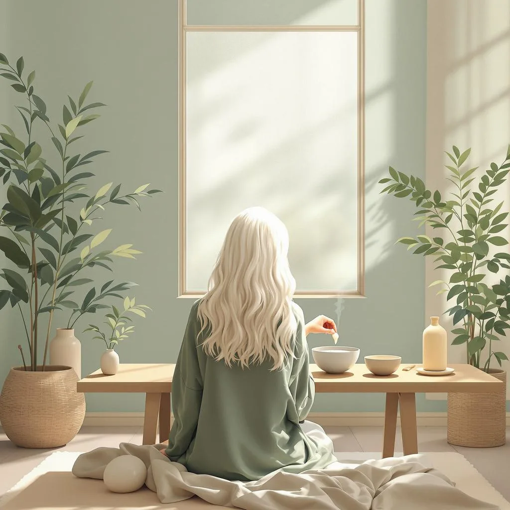 L'immagine mostra una donna con capelli bianchi radiosi che sorride mentre tiene in mano vari prodotti per la cura dei capelli, come shampoo e balsamo specifici per capelli bianchi. Sullo sfondo, ci sono illustrazioni di alcuni consigli su come prevenire l'ingiallimento dei capelli bianchi.